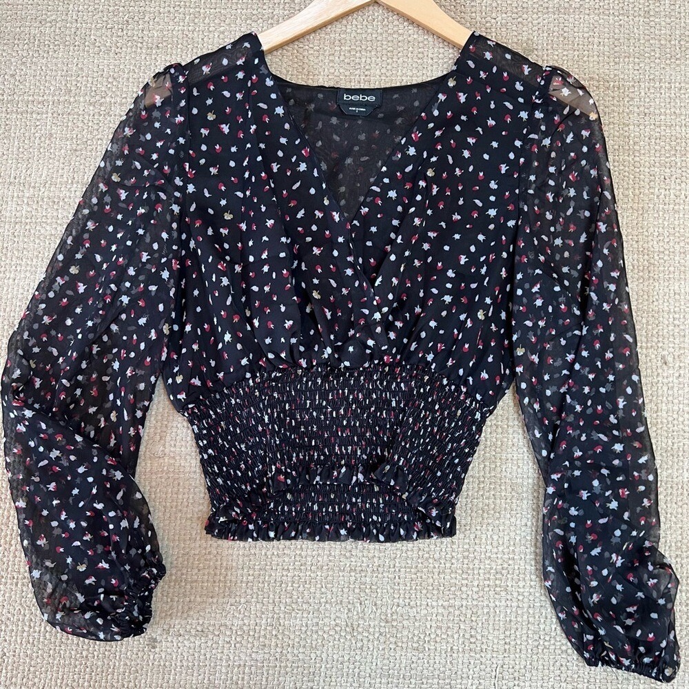 Bebe Babydoll Cropped Top Blouse Size 2 Black Sheer Floral Y2K Style